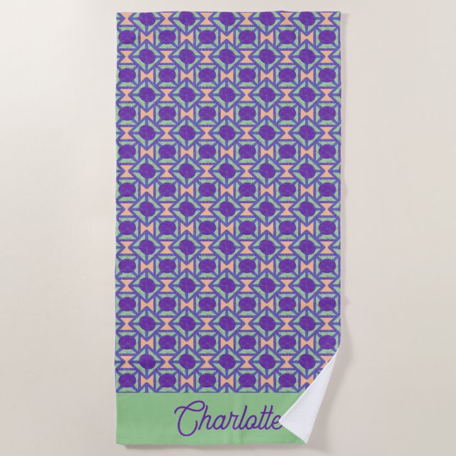 purple green geometric texture circle pattern name beach towel (Front)