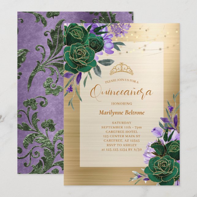 Purple Green Gold Floral Quinceañera Invitation (Front/Back)