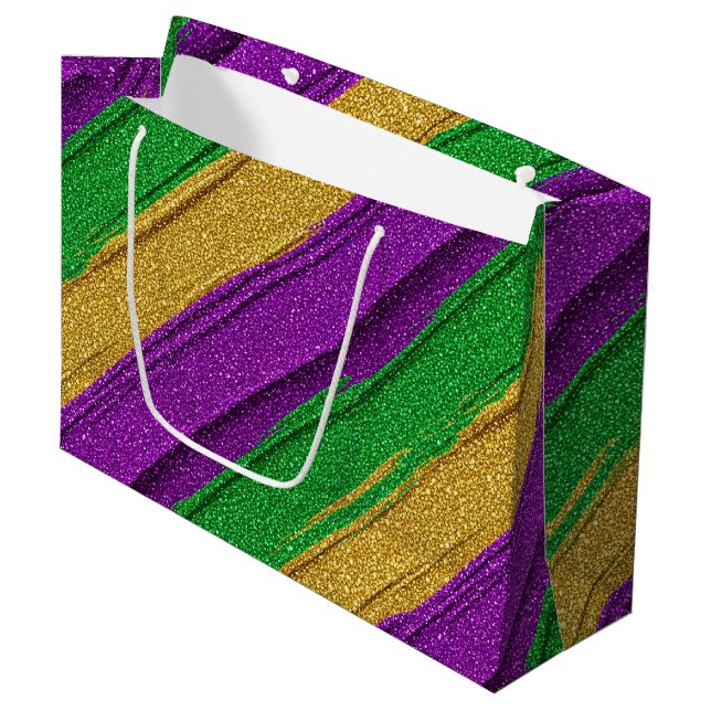 PURPLE GREEN GOLD GLITTER LOOK MARDI GRAS LARGE GIFT BAG (Front Angled)