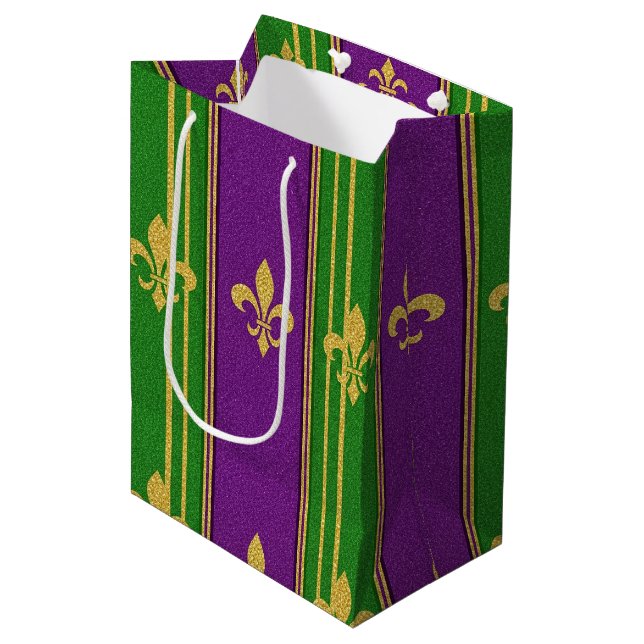 PURPLE GREEN GOLD GLITTER LOOK MARDI GRAS MEDIUM GIFT BAG (Front Angled)