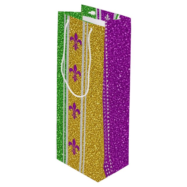 PURPLE GREEN GOLD GLITTER LOOK MARDI GRAS WINE GIFT BAG (Front Angled)
