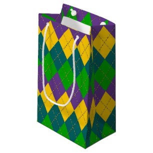 PURPLE GREEN GOLD MARDI GRAS DIAMOND PATTERN SMALL GIFT BAG