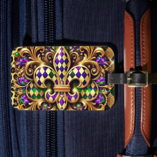 PURPLE GREEN GOLD MARDI GRAS FLEUR DE LIS LUGGAGE TAG