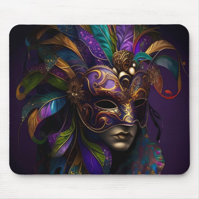 PURPLE GREEN GOLD MARDI GRAS MASK & FEATHERS MOUSE PAD (Front)