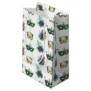 PURPLE GREEN GOLD MARDI GRAS MASKS FEATHERS SMALL GIFT BAG
