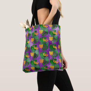 PURPLE GREEN GOLD MARDI GRAS MASKS & LEAVES TOTE BAG