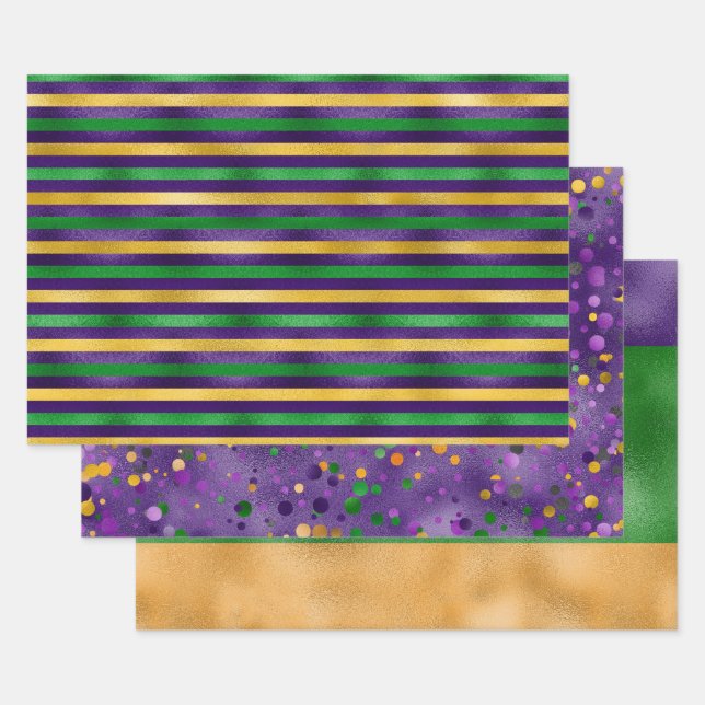 PURPLE GREEN GOLD MARDI GRAS STRIPES POLKA DOTS WRAPPING PAPER SHEET (Set)