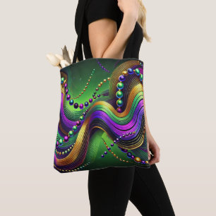 PURPLE GREEN GOLD MARDI GRAS WAVES & BEADS TOTE BAG