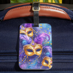 PURPLE GREEN GOLD WATERCOLOR MARDI GRAS MASKS LUGGAGE TAG
