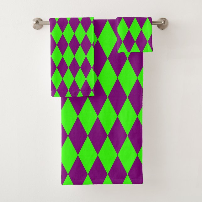 Purple Green Harlequin Checkered Design  Bath Towel Set (Creator Uploaded)