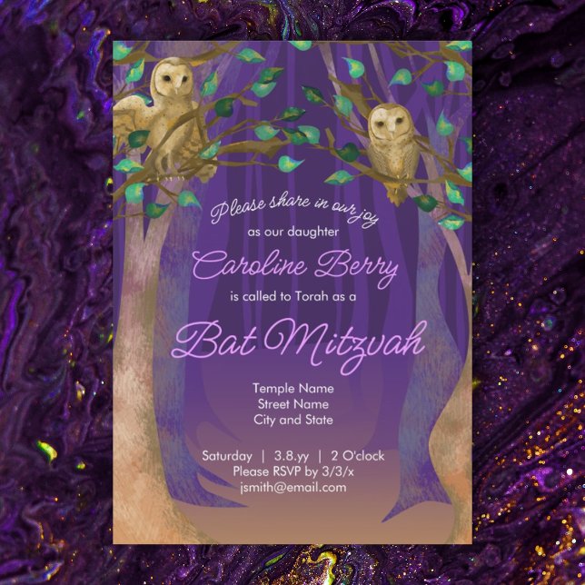 Purple, Green Leaves, Owls Bat Mitzvah Invitation (purple bat mitzvah invitation owls magical forest trees green leaves)