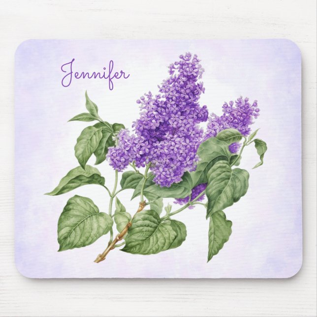 Purple Green Lilac Flower Custom Name Botanical Mouse Pad (Front)