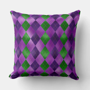 PURPLE & GREEN MARDI GRAS DIAMOND PATTERNS CUSHION