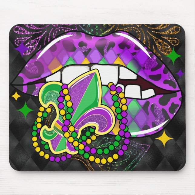 PURPLE GREEN MARDI GRAS LIPS BEADS FLEURDILIS MOUSE PAD (Front)