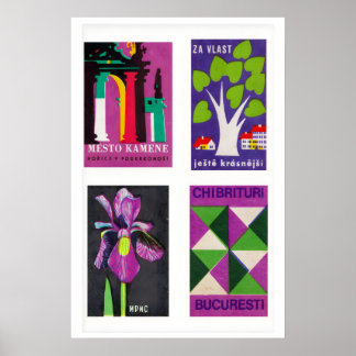Purple & Green Matchbox Labels Grid Print, Vintage Poster