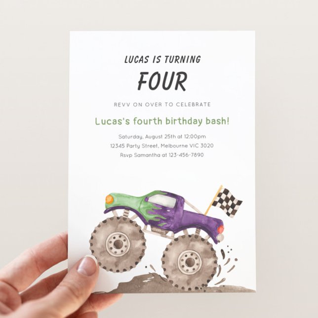 Purple & Green Monster Truck Birthday Any Age Invitation (Creator Uploaded)