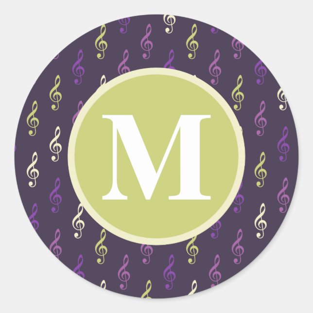 Purple Green Music Note Pattern Monogram Classic Round Sticker (Front)