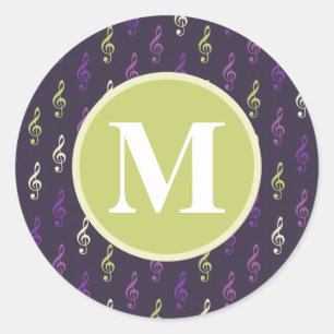 Purple Green Music Note Pattern Monogram Classic Round Sticker