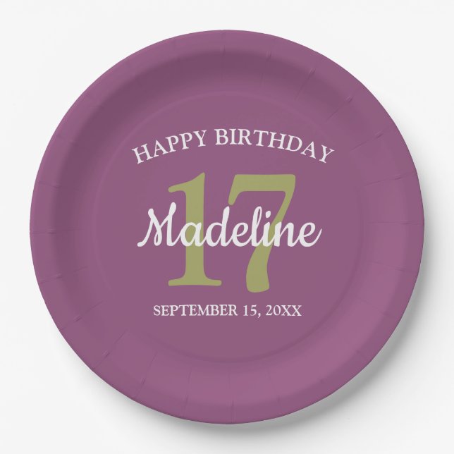 Purple Green Name Age 17th Birthday Party Any Age Paper Plate (Front)
