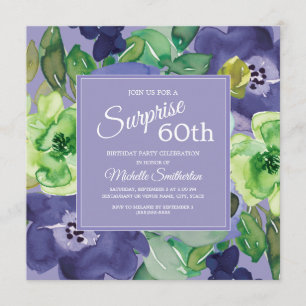 Purple Green Navy Watercolor Floral 60th Birthday Invitation