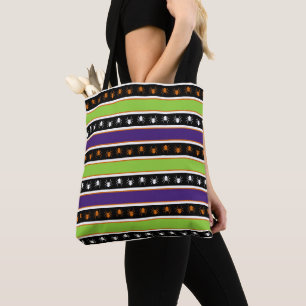 PURPLE GREEN ORANGE BLACK WHITE HALLOWEEN STRIPES TOTE BAG