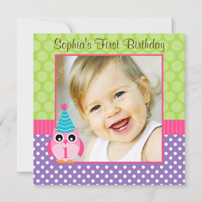 Purple Green Owl Polka Dot 1st Birthday Girl Photo Invitation (Front)