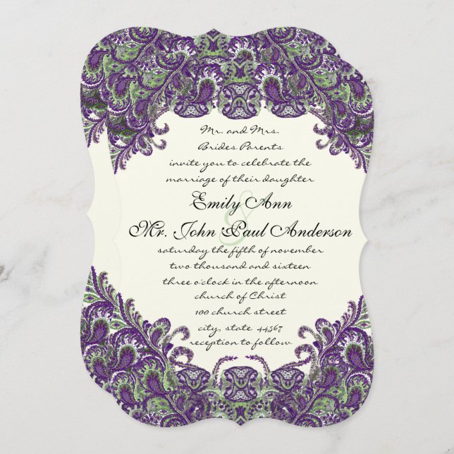 Purple & Green Peacock Ivory Wedding Invitations (Front/Back)
