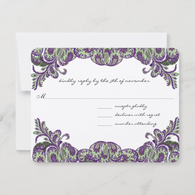 Purple & Green Peacock Wedding RSVP (Front)
