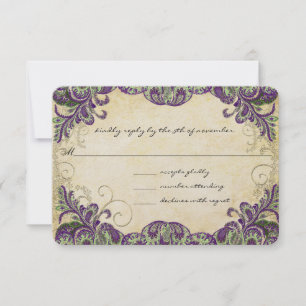 Purple & Green Peacock Wedding RSVP Card