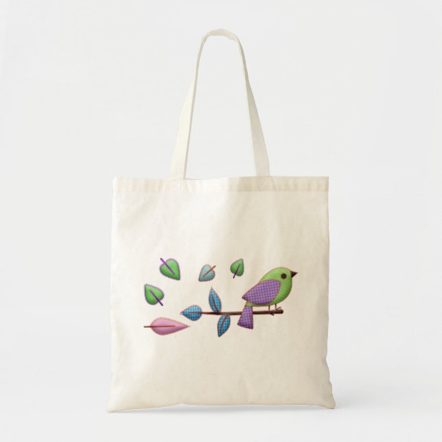 Purple Green Pink Bird with Embroidery Leaves Tote Bag (Front)