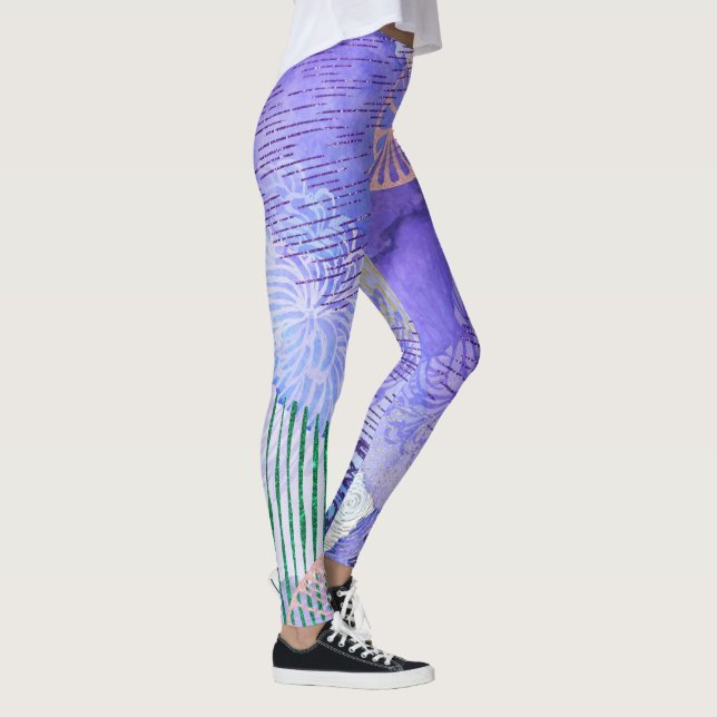 Purple Green Pink Floral Abstract Art Leggings (Right)