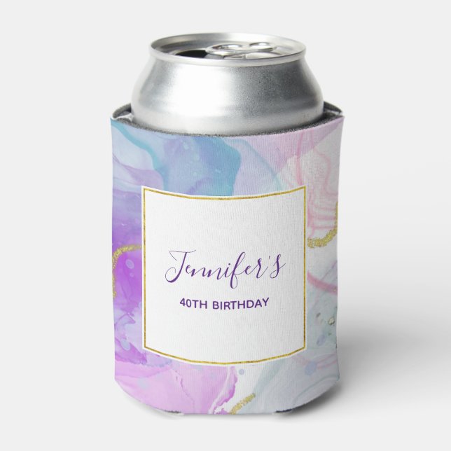 Purple, Green, Pink Flowing Colours Birthday Can Cooler (Can Front)