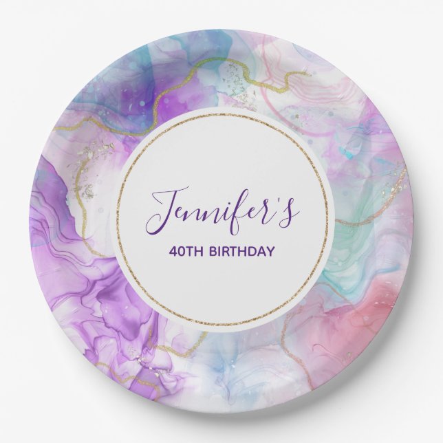 Purple, Green, Pink Flowing Colours Classy Birthda Paper Plate (Front)