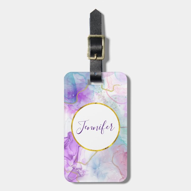 Purple, Green, Pink Flowing Colours Elegant Luggage Tag (Front Vertical)