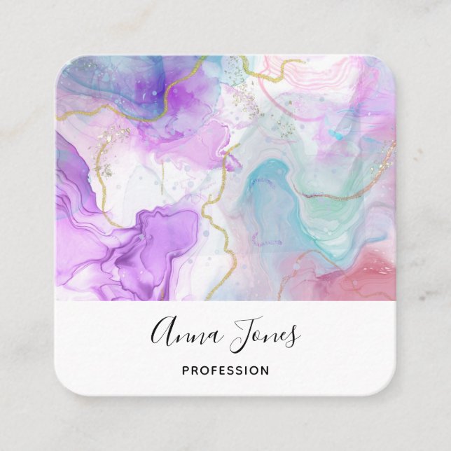 Purple, Green, Pink Flowing Colours Elegant Square Business Card (Front)