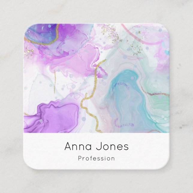 Purple, Green, Pink Flowing Colours Elegant Square Business Card (Front)