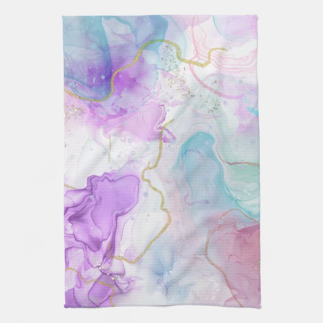 Purple, Green, Pink Flowing Colours Elegant Tea Towel (Vertical)