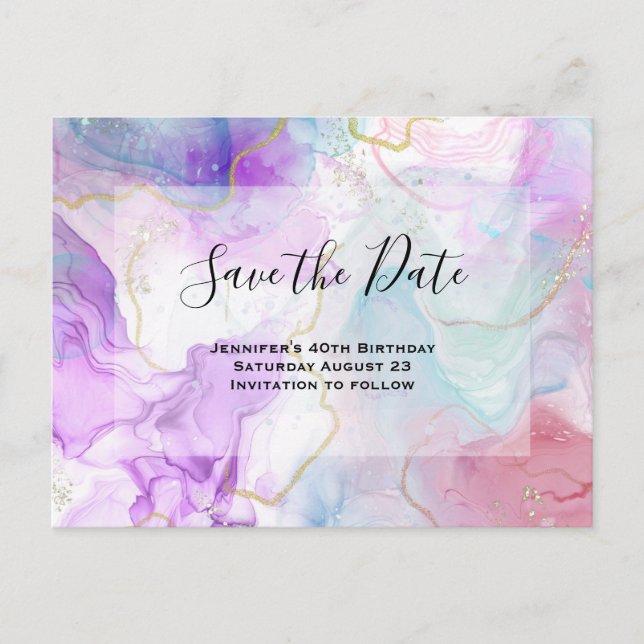 Purple, Green, Pink Flowing Colours Save the Date Invitation Postcard (Front)