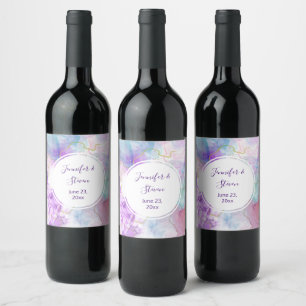 Purple, Green, Pink Flowing Colours Wedding Wine Label