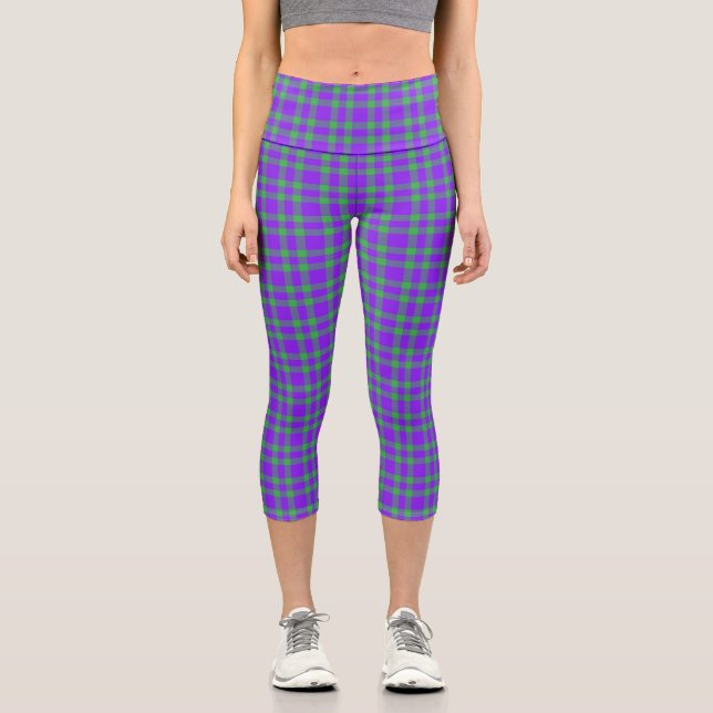 Purple Green Plaid Pattern Capri Leggings (Front)