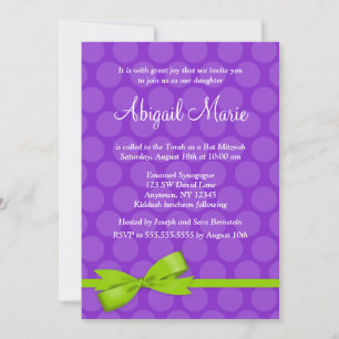 Purple Green Polka Dot Printed Bow Bat Mitzvah Invitation