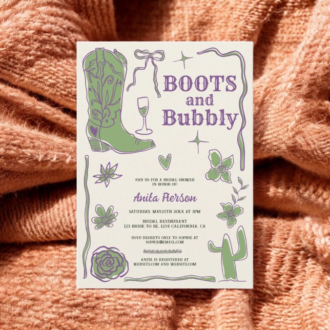 Purple green scribbles boots bubbly bridal shower invitation (Purple green scribbles boots bubbly bridal shower invitation)