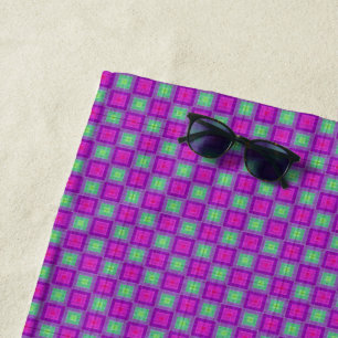 Purple Green Square Pattern Boho Beach Towel