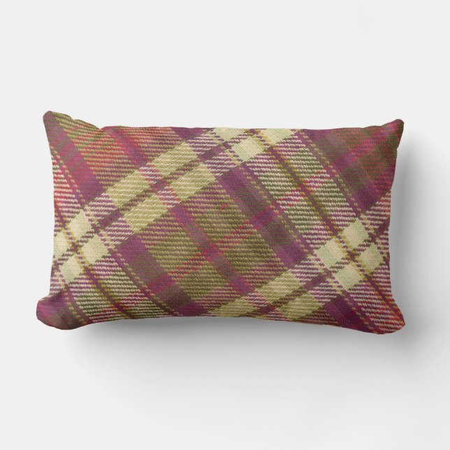 Purple Green Tan Angled Modern Plaid Lumbar Cushion (Front)