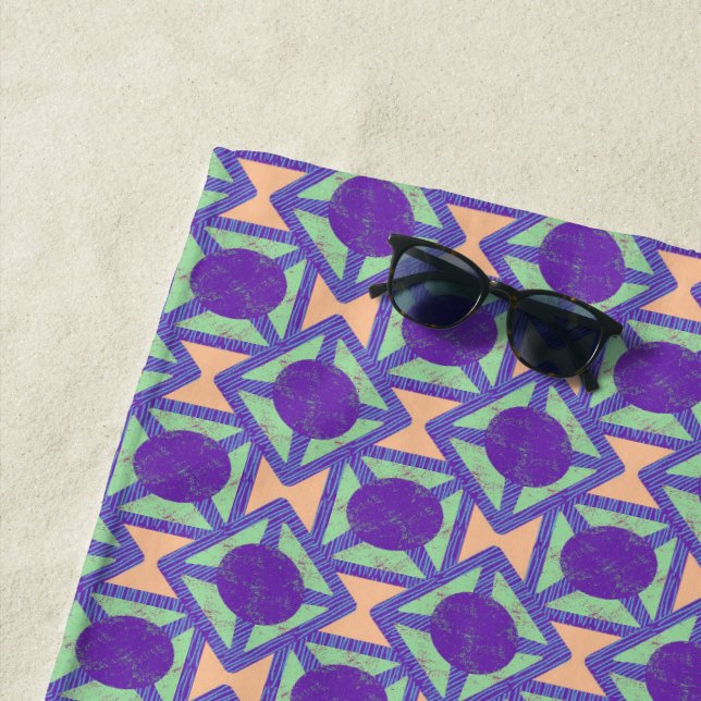 purple green tan geometric textured circle pattern beach towel (In Situ)