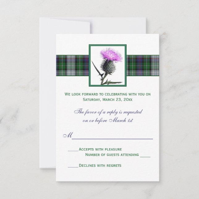 Purple Green Tartan Thistle Wedding RSVP Card (Front)