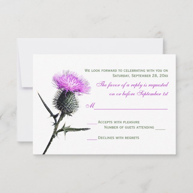 Purple Green Thistle Wedding RSVP Card (Front)