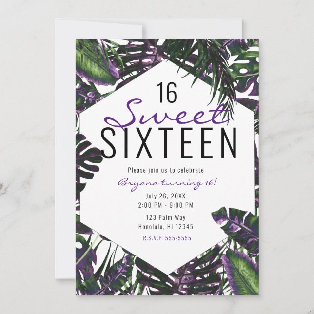 Purple & Green Tropical Palm Leaves Sweet 16 Invitation (Front)