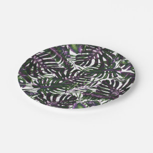 Purple & Green Tropical Palm Leaves Wedding Paper Plate