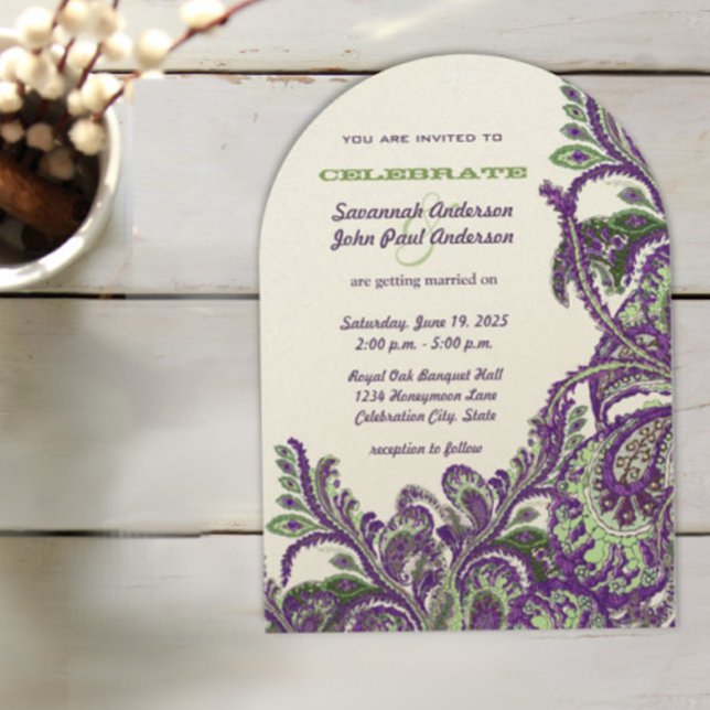 Purple & Green Vintage Peacock Paisley Wedding Invitation (Creator Uploaded)